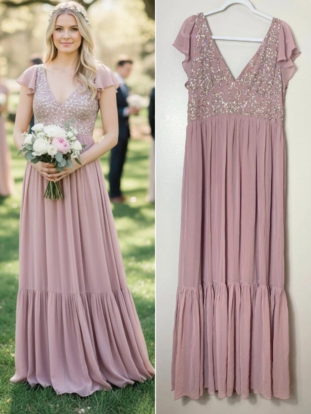 BHLDN Daphne Sequin Ruffle Maxi Gown Pink Wedding Guest Dress Evening Formal
